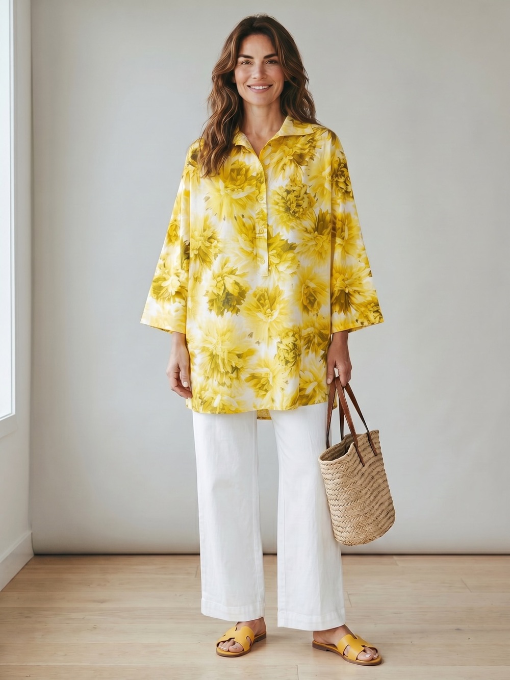 Giambattista Valli Yellow Floral Tunic Top Size 44/M Popover Half Button Cotton